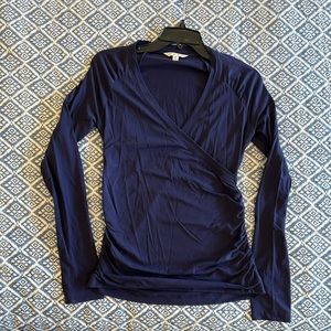 Cabi Hanky wrap surplice faux wrap knit top. Size Medium. Color blueberry.